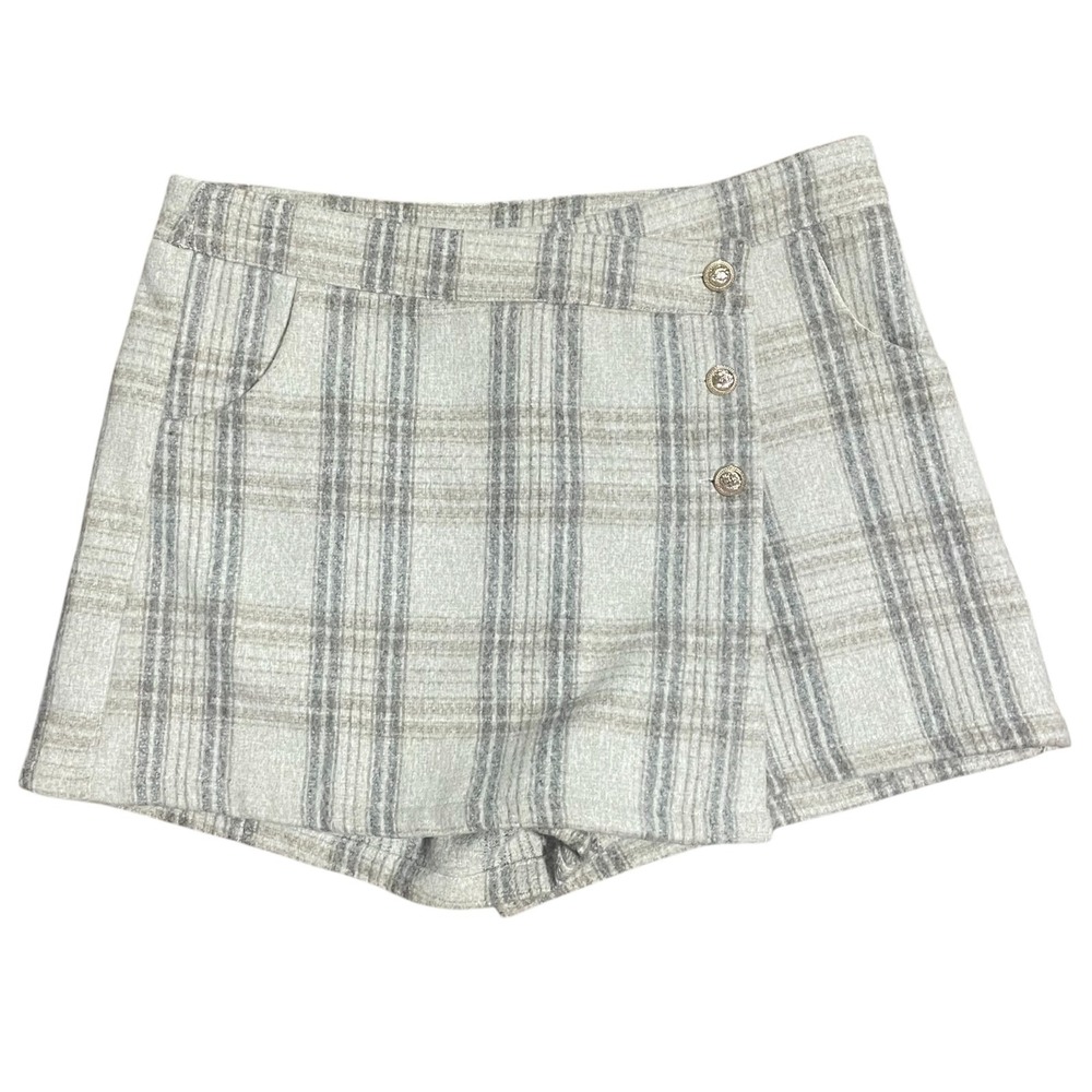 Entro Womens Plaid Wrap Skort Grey Cream Gold Crest Button Academic P16836 L